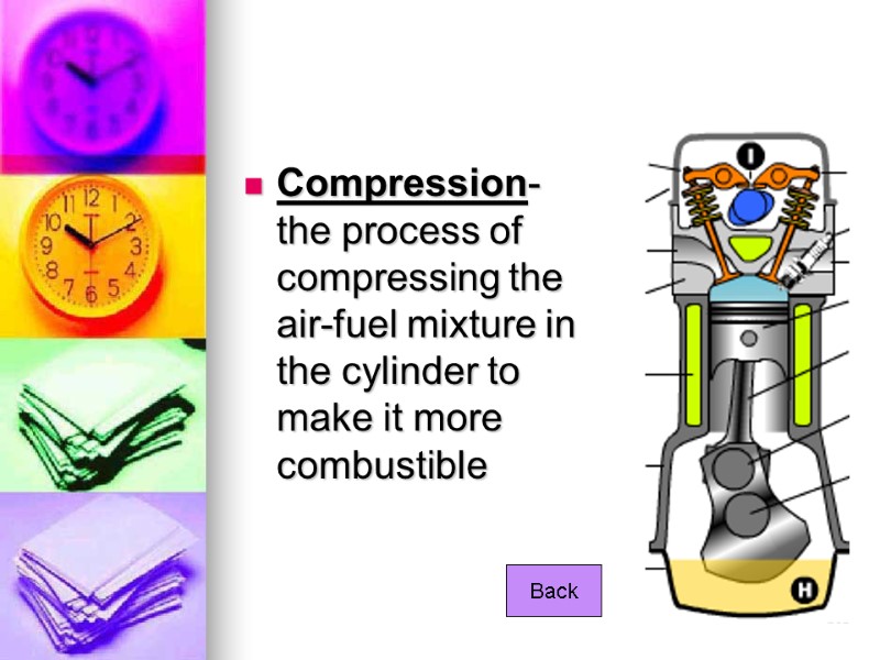 Compression-  the process of compressing the air-fuel mixture in the cylinder to make